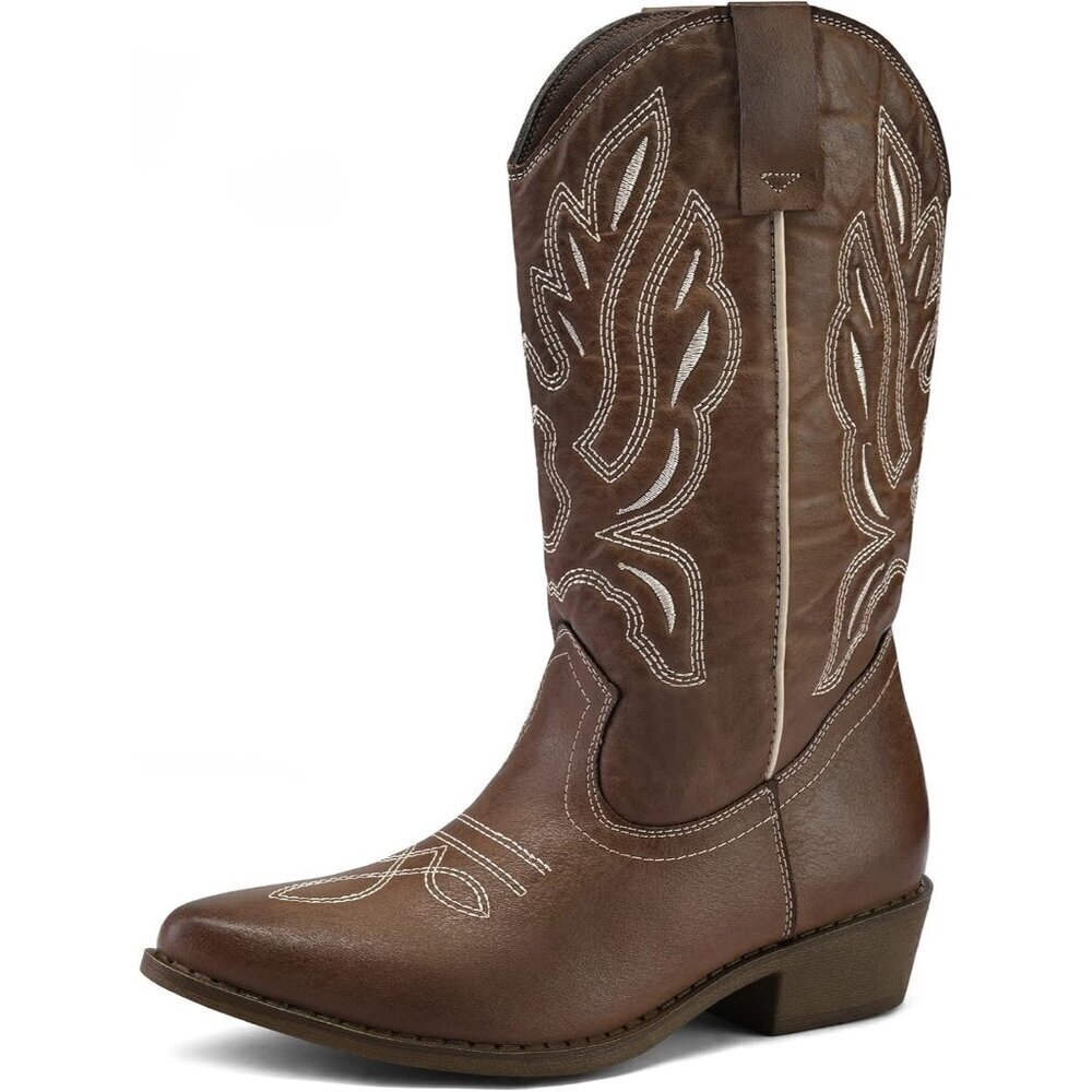 mysoft Women Brown Western Cowboy Boots Mid Calf Pointed Toe Cowgirl